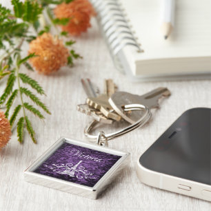 Purple Eiffel Tower Grunge Square Keychain