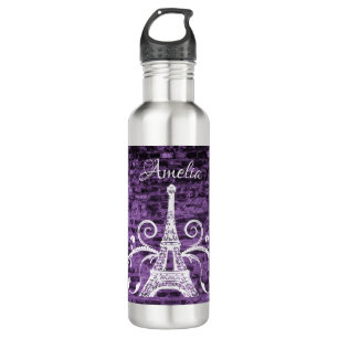 Purple Eiffel Tower Grunge Water Bottle