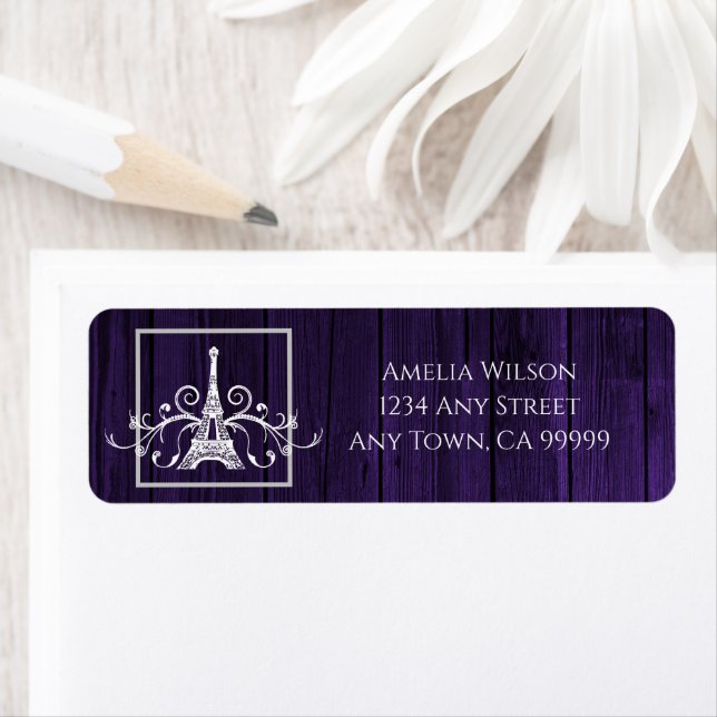 Purple Eiffel Tower Rustic Return Address Label (Insitu)