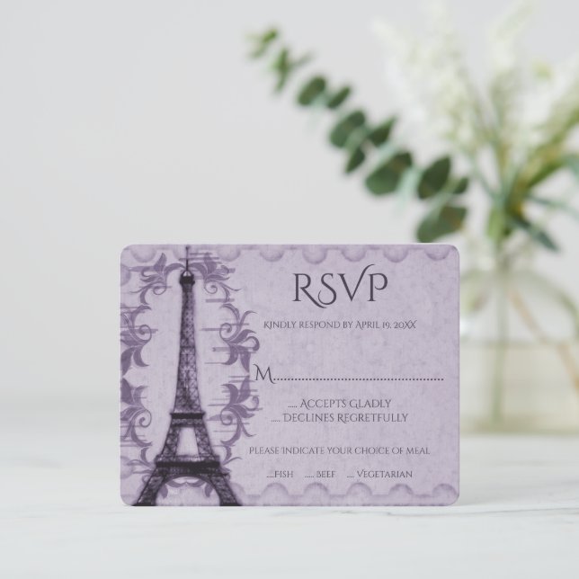 Purple Eiffel Tower Wedding RSVP Card (Standing Front)
