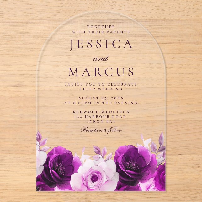 Purple Elegance: Lilac Violet Roses Floral Wedding Acrylic Invitations (Front)