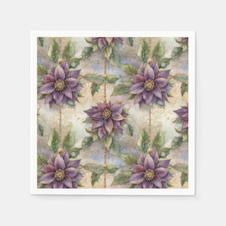 Purple Elegance Luxe Poinsettia & Holly Christmas Napkin