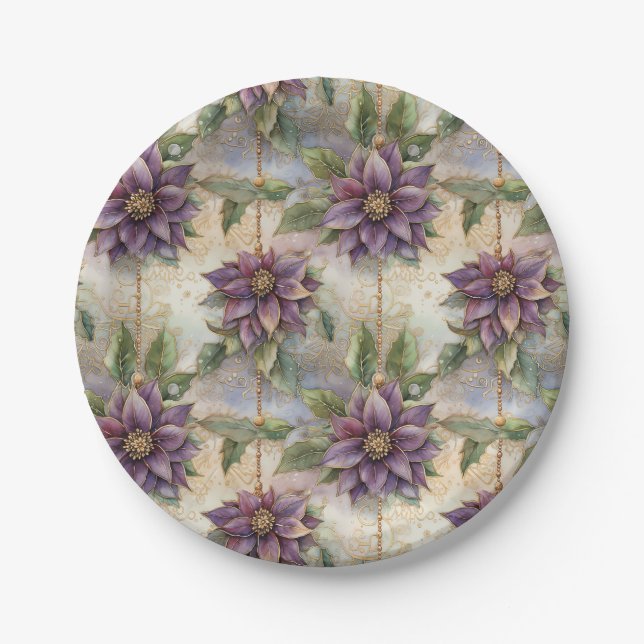 Purple Elegance Luxe Poinsettia & Holly Christmas Paper Plate (Front)