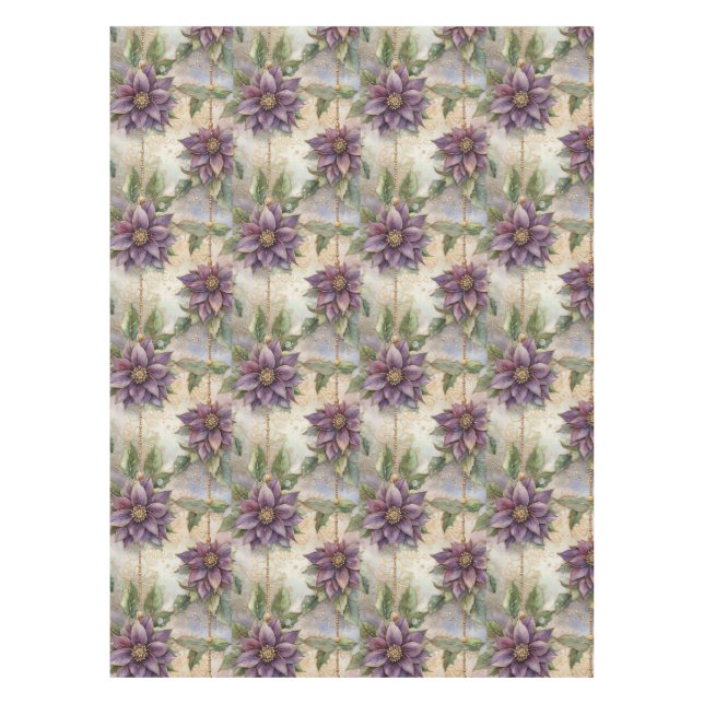 Purple Elegance Luxe Poinsettia & Holly Christmas Tablecloth (Front)
