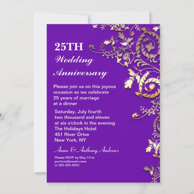 Purple elegant 25th anniversary invitations (Front)