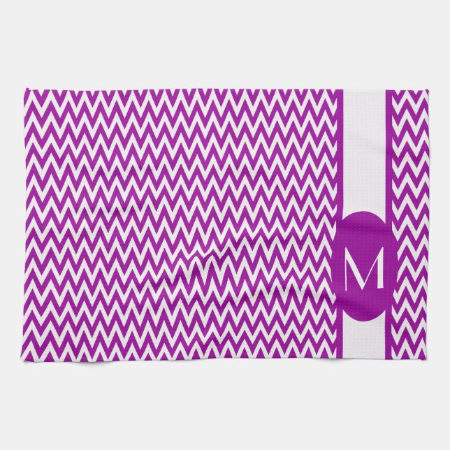 Purple Elegant Chevron Design with monogram Tea Towel (Horizontal)