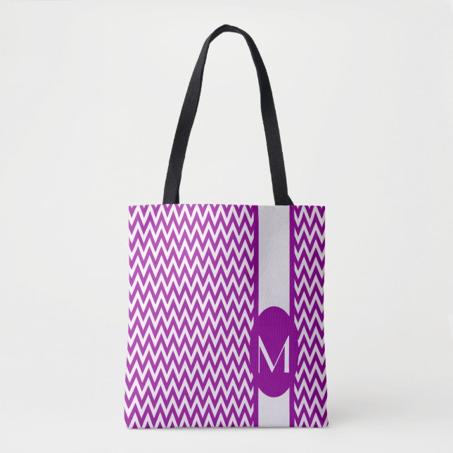 Purple Elegant Chevron Design with monogram Tote Bag (Front)