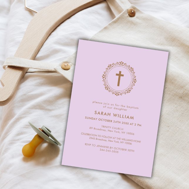 Purple Elegant Classic Cross Wreath Baptism  Invitation (Purple Elegant Classic Cross Wreath Baptism Invitation)