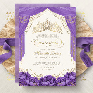 Purple Elegant Crown Floral Quinceanera Invitation