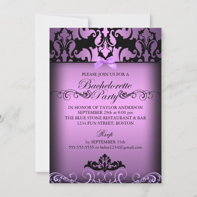 Purple Elegant Damask Bachelorette Party Invite (Front)