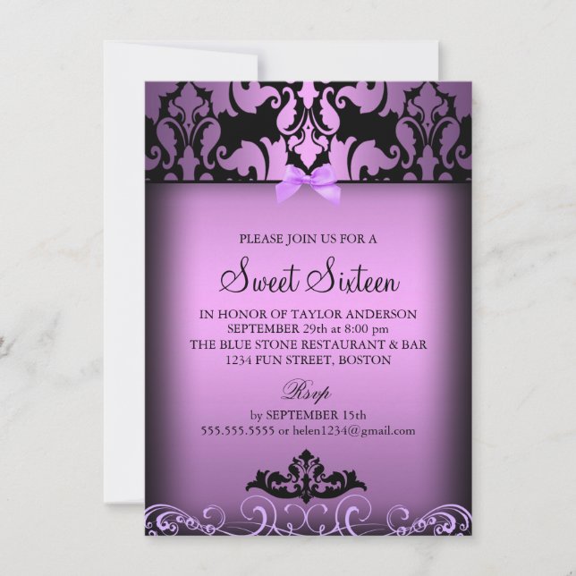 Purple Elegant Damask Sweet Sixteen Party Invite (Front)