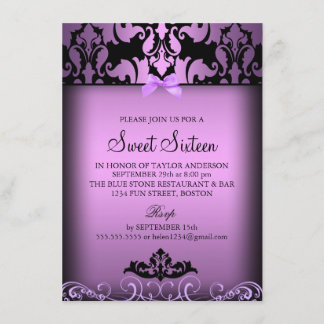 Purple Elegant Damask Sweet Sixteen Party Invite