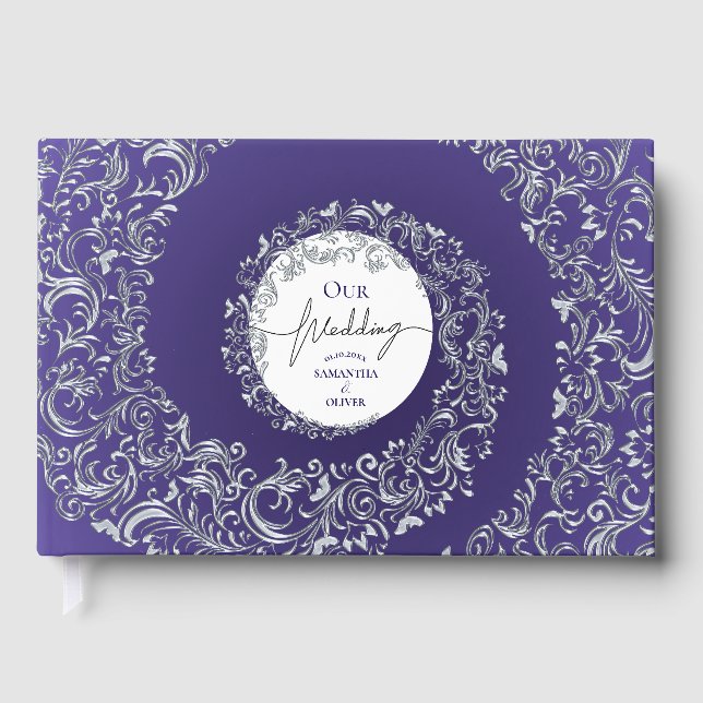 Purple Elegant Damask Wedding Guest Book (Front)