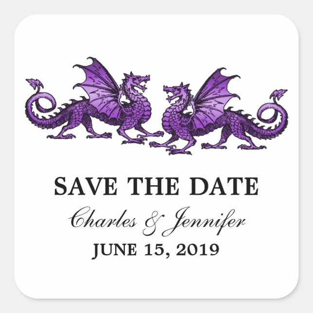 Purple Elegant Dragons Save the Date Stickers (Front)