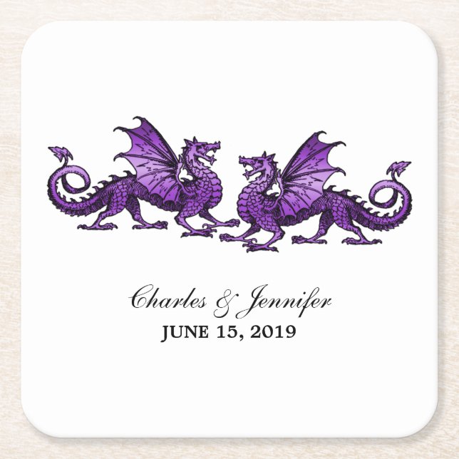 Purple Elegant Dragons Wedding Paper Coasters (Front)