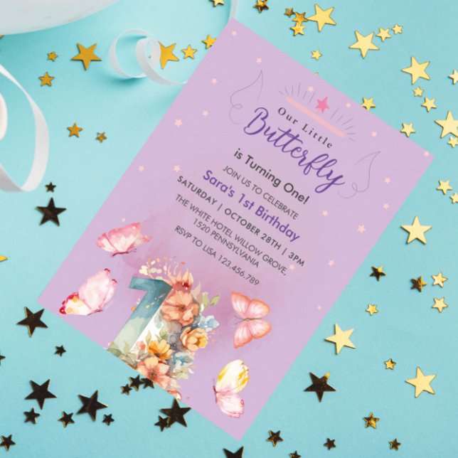 Purple Elegant First 1st Birthday Pink Butterfly Invitation (Creator Uploaded)