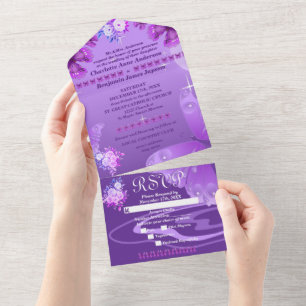 Purple Elegant Floral & Butterflies All In One Invitation