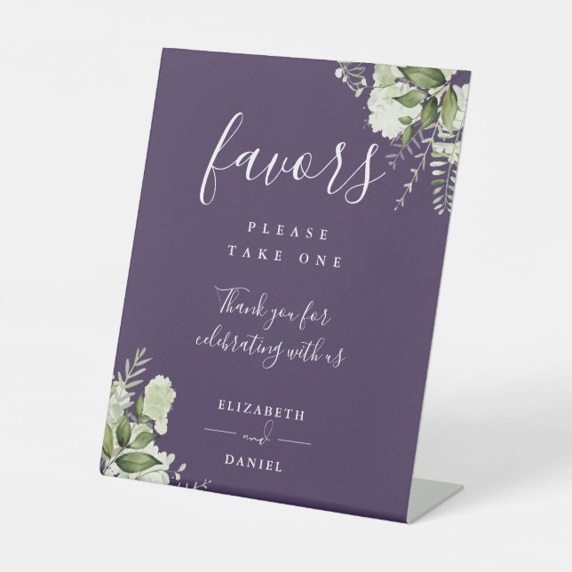 Purple Elegant Floral Greenery Favors  Pedestal Sign (Front)