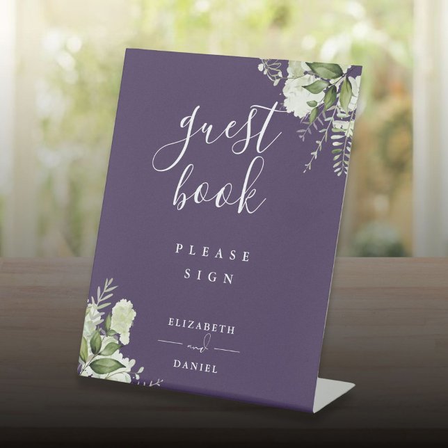 Purple Elegant Floral Greenery Guest Book Pedestal Sign (Purple Elegant Floral Greenery Guest Book Pedestal Sign)