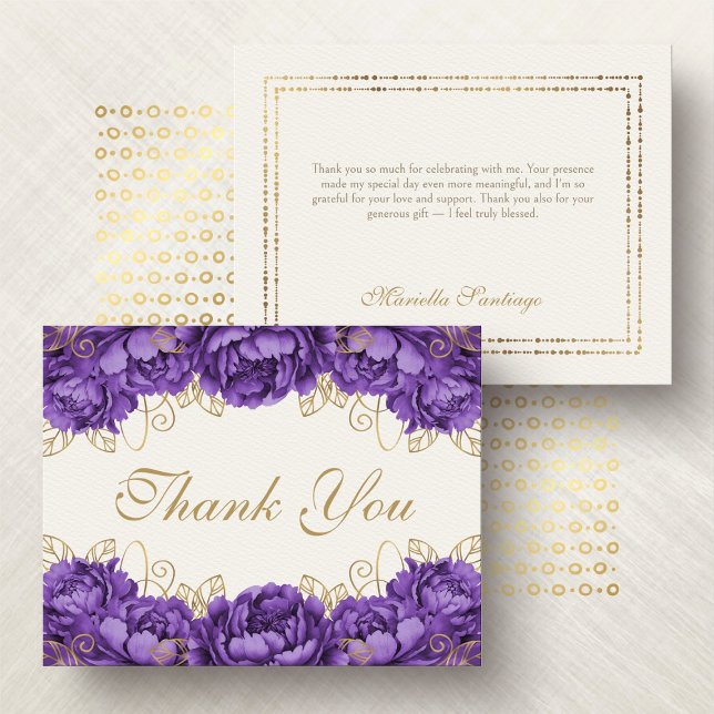 Purple Elegant Floral Quinceanera Thank You Card (Creator Uploaded)