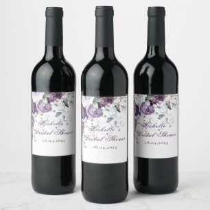 Purple Elegant Floral Watercolor Bridal Shower Wine Label
