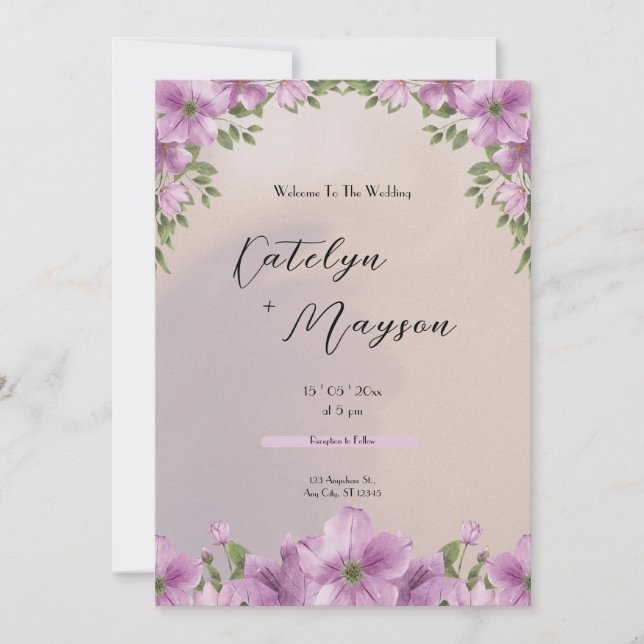 Purple Elegant Floral Watercolor Wedding Invitation (Front)