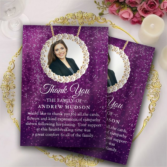 Purple Elegant Funeral Photo Thank You Card (Creator Uploaded)