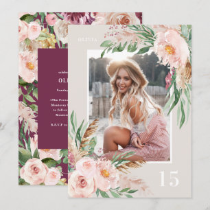 Purple elegant girly modern floral photo birthday invitation
