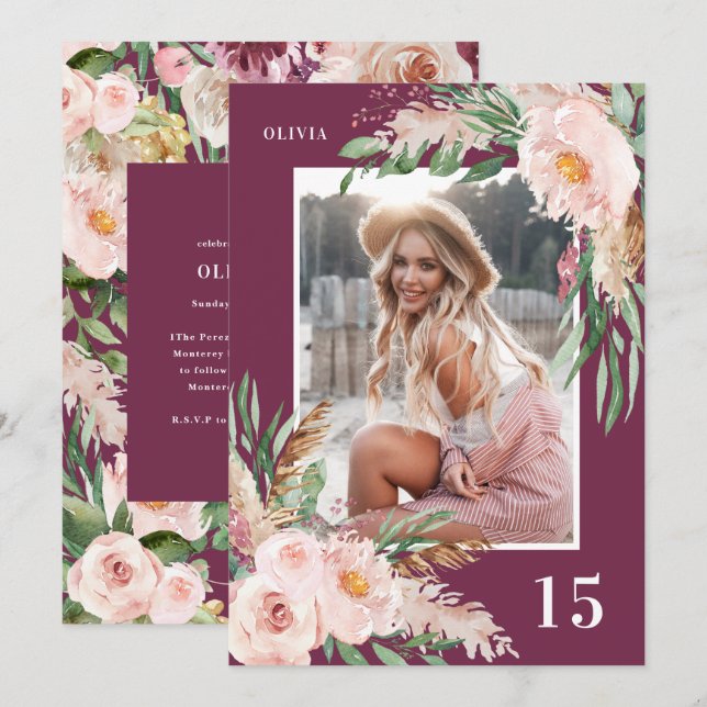 Purple elegant girly modern floral photo birthday invitation (Front/Back)