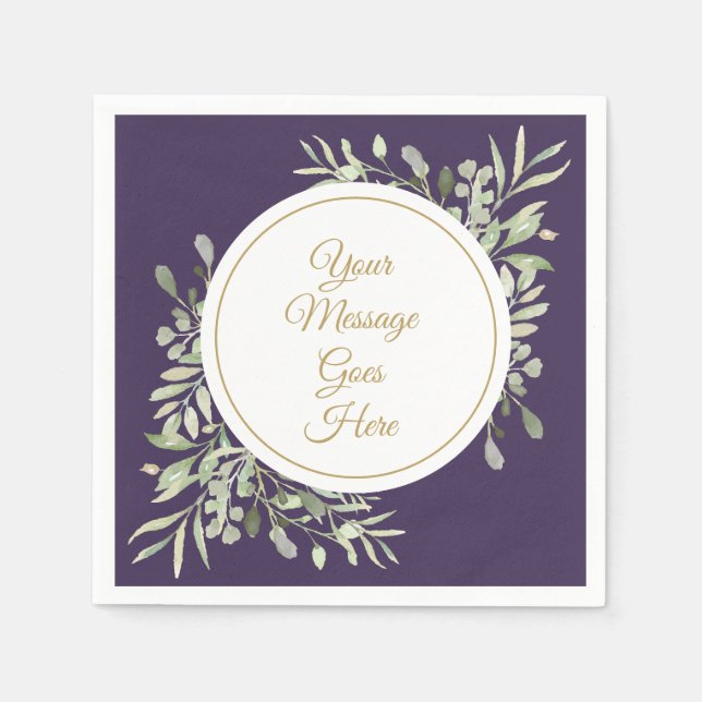 Purple Elegant Gold Script Greenery Napkin (Front)