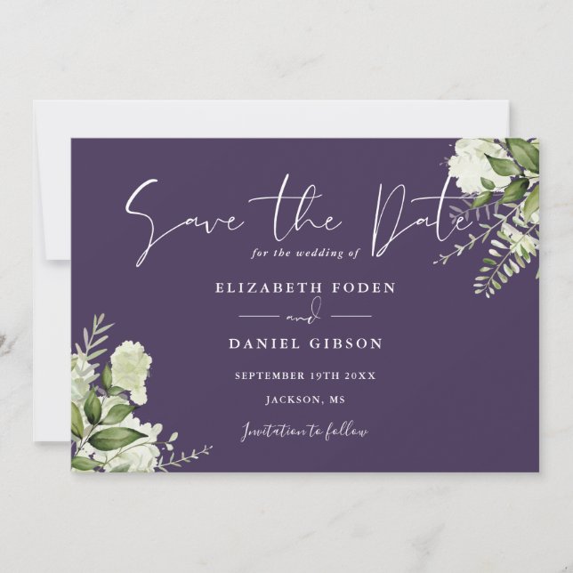 Purple Elegant Greenery Floral Photo Wedding Save The Date (Front)