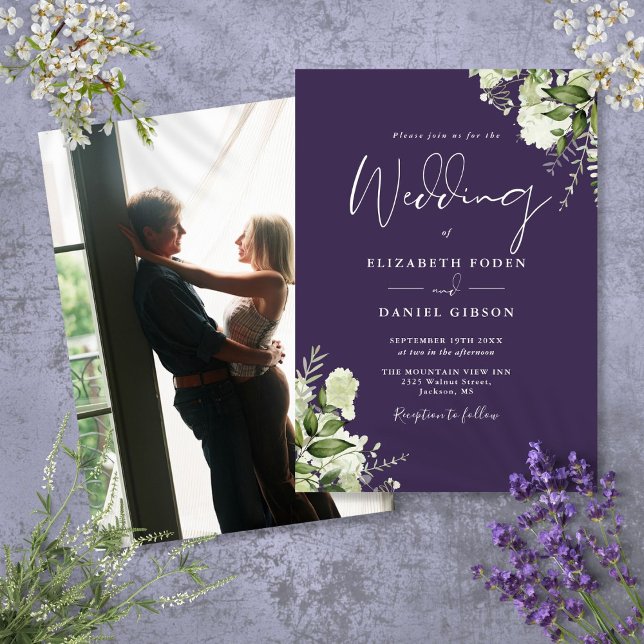 Purple Elegant Greenery Leaves Photo Wedding  Invitation (Purple Elegant Greenery Leaves Photo Wedding Invitation)