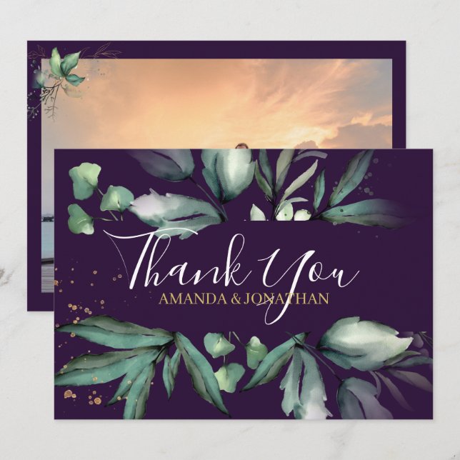 Purple Elegant Greenery Photo Wedding  Thank You Card (Front/Back)