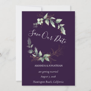 Purple Elegant Greenery Wedding Save the Date Card
