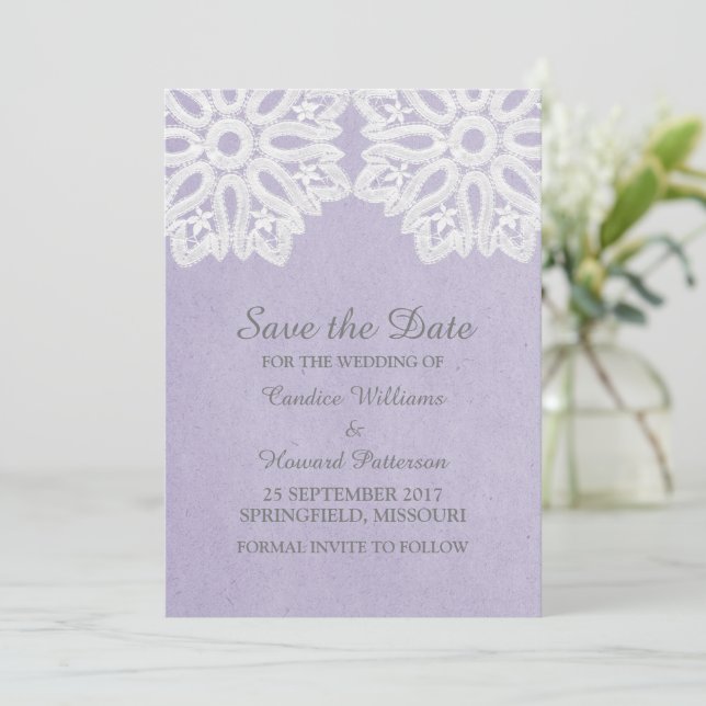 Purple Elegant Lace Save the Date Invite (Standing Front)