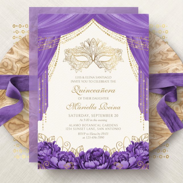 Purple Elegant Mask Masquerade Quinceanera Invitation (Creator Uploaded)