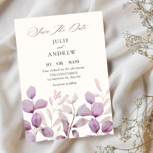 Purple elegant minimalist leaves wedding save the date