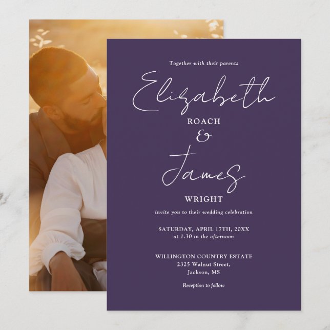 Purple Elegant Minimalist  Script Photo Wedding Invitation (Front/Back)