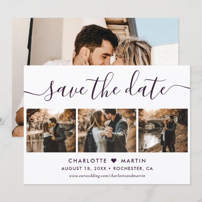 Purple Elegant Modern Script 4 Photo Wedding Save The Date (Front/Back)