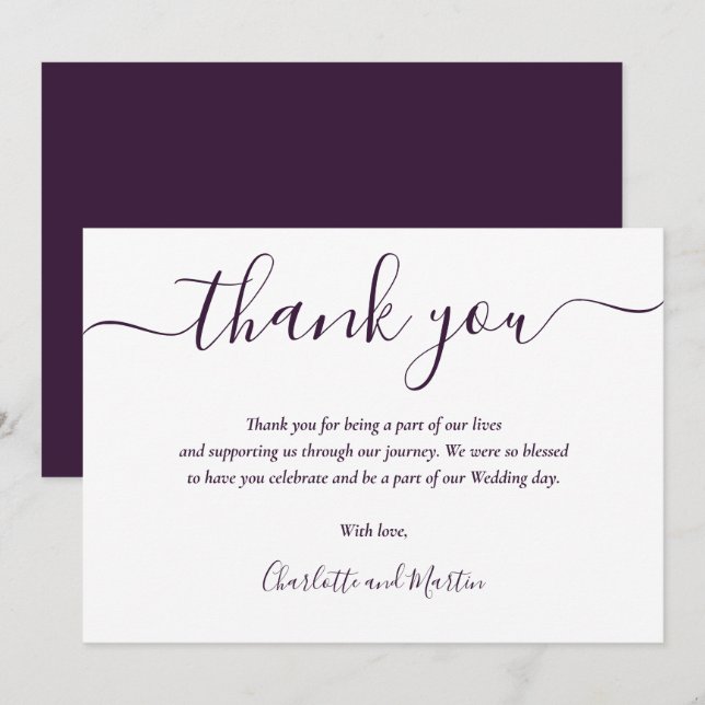 Purple Elegant Modern Script Thank You Card (Front/Back)