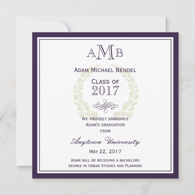 Purple Elegant Monogram Graduation Announcement (Front)