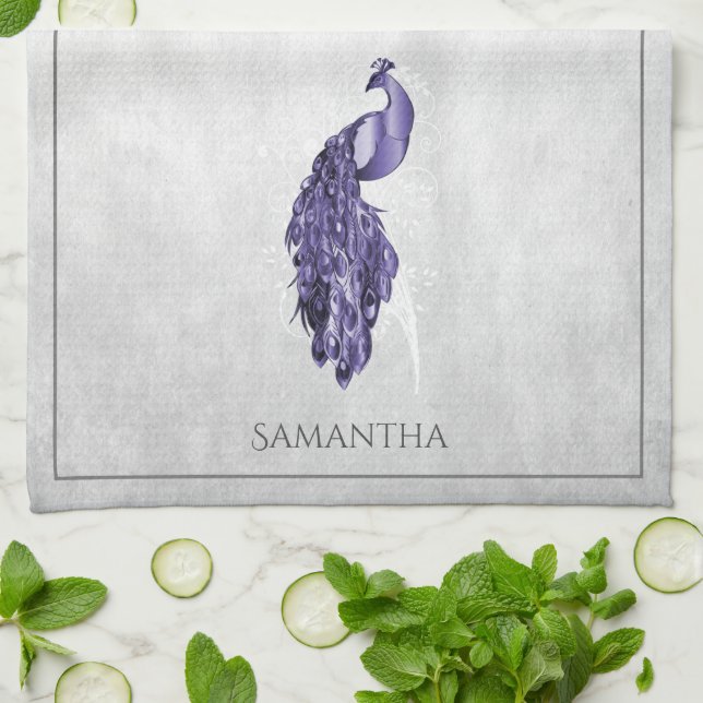Purple Elegant Peacock Kitchen Towel (Folded)