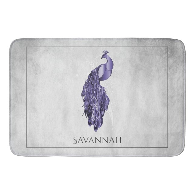 Purple Elegant Peacock Personalised Bath Mat (Front)