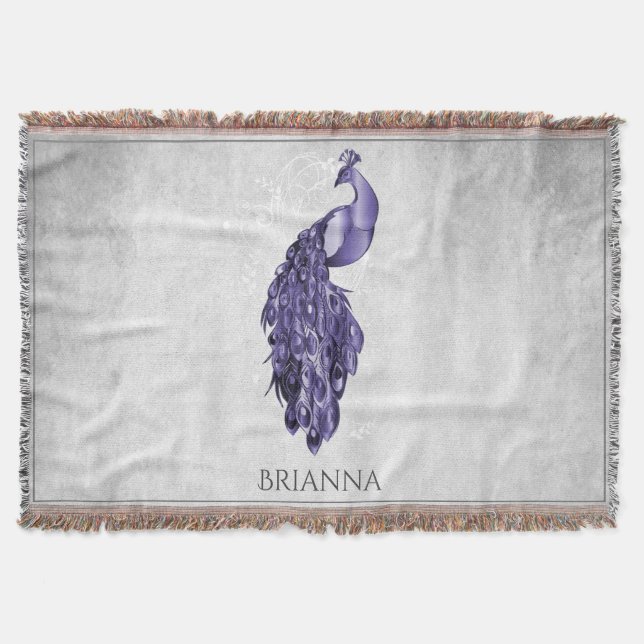 Purple Elegant Peacock Personalised Throw Blanket (Front)