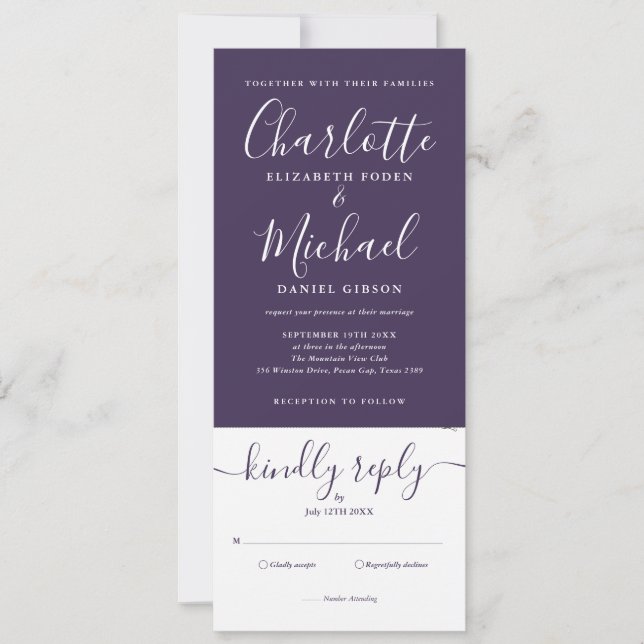 Purple Elegant Script All In One Photo Wedding Invitation (Front)
