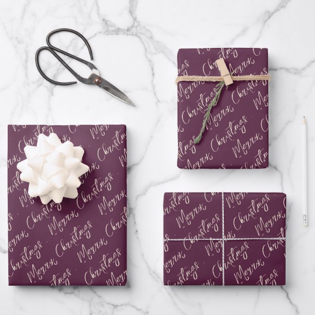 Purple Elegant Script Merry Christmas Wrapping Paper Sheet (Front)