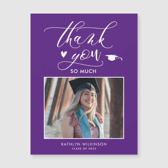 Purple Elegant Script Photo Graduation Thank You (Front)