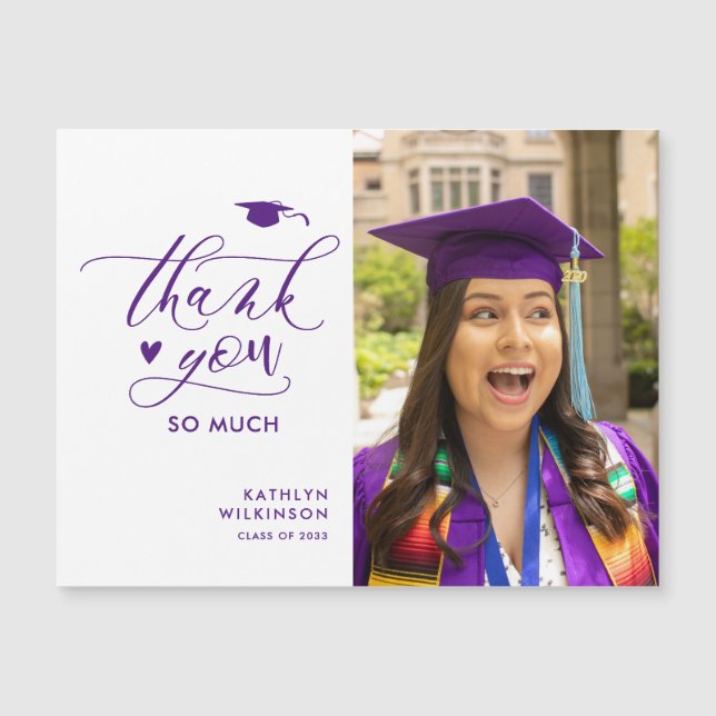 Purple Elegant Script Photo Graduation Thank You (Front)