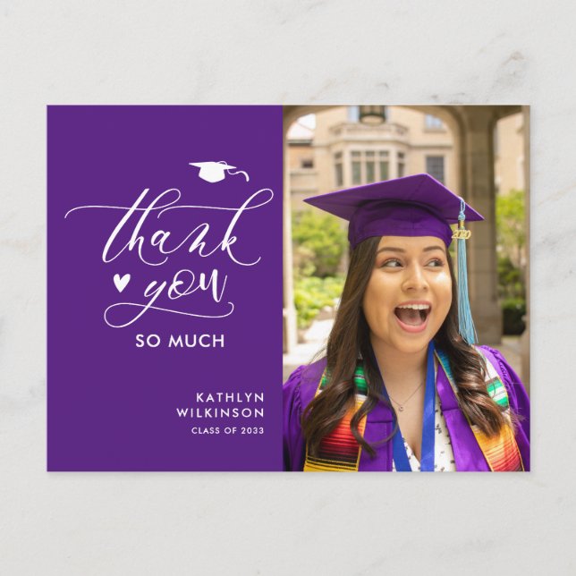 Purple Elegant Script Photo Graduation Thank You Postcard (Front)
