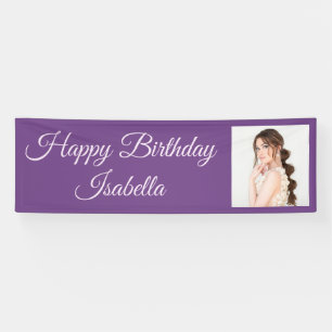 Purple Elegant Script Photo Happy Birthday Banner